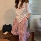 Short-sleeve Lettering Shirred T-shirt / Tie-dyed Wide Leg Pants