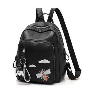 Faux Leather Embroidered Backpack Black - One Size
