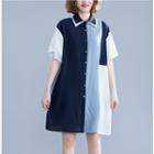 Elbow-sleeve Color Block Shirt Dress As Shown In Figure - One Size