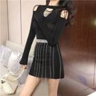 Plain Cutout Long-sleeve Slim-fit Top / High-waist Skirt
