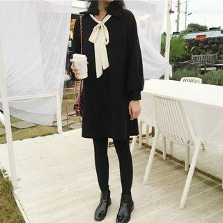 Tie Neck Long-sleeve A-line Dress Black - One Size