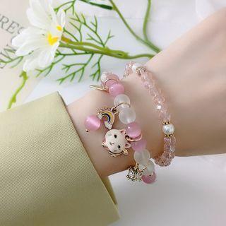 Cartoon Charm Faux Crystal Bead Bracelet 01 - Cat Eye Stone - Pink - One Size