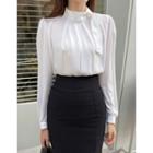 Tie-neck Faux-pearl Pleated Blouse