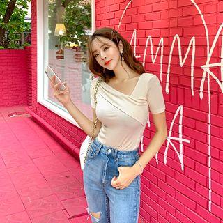 Asymmetric-neck Flap Ribbed Top