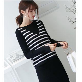 Striped V-neck Sweater Vest / Plain Midi Knit Dress