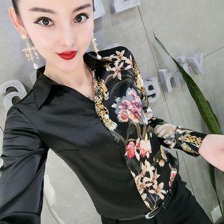 Long-sleeve Patterned Paneled Satin Shirt