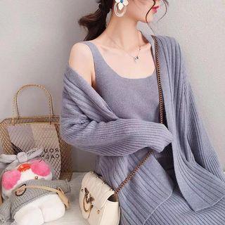 Set: Open-front Cardigan + Knit Midi Tank Dress