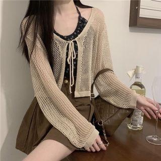 Halter-neck Flower Print Top / Perforated Lightweight Cardigan