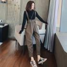 Set: Long-sleeve Mock-neck Plain Top + Jumpsuit