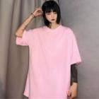 Elbow-sleeve Oversized Print T-shirt Pink - One Size