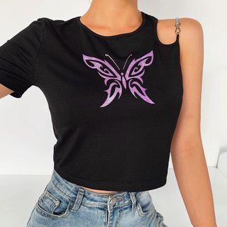Butterfly Print One-shoulder Short-sleeve T-shirt