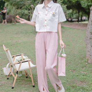 Elbow-sleeve Shirt / Slit Wide Leg Dress Pants