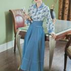 Set: Long-sleeve Floral Polo Shirt + Midi A-line Skirt