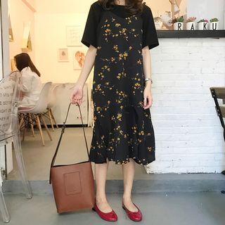 Short-sleeve T-shirt / Floral Print Strappy Midi Dress