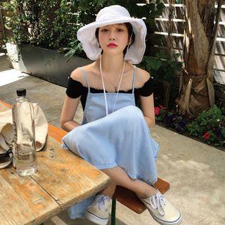 Off-shoulder Knit Top / Denim Midi Jumper Dress