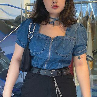 Zip-up Puff-sleeve Denim Blouse