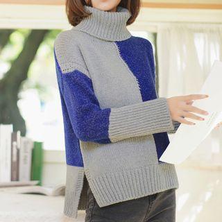 Two-tone Turtleneck Sweater Blue & Gray - One Size