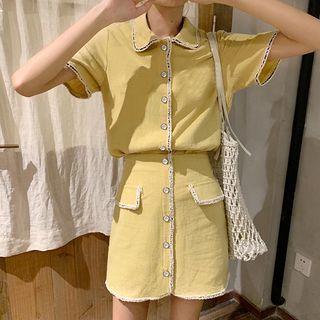 Short-sleeve Plain Collar Button-up High-waist Two-piece Blouse &