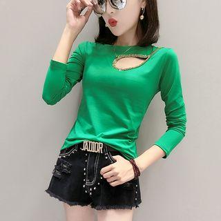 3/4-sleeve Sequined Cutout T-shirt