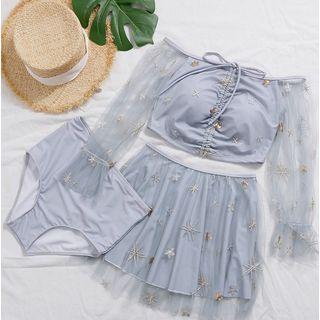 Set: Sequined Elbow-sleeve Swim Top + Bikini Bottom + Swim Skirt