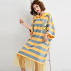 Striped Hood Elbow-sleeve Midi T-shirt Dress As Shown In Figure - One Size