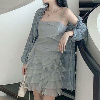 Ruffle Trim Button Chiffon Blouse Blue - One Size