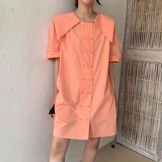 Plain Short-sleeve Collared Dress Tangerine - One Size