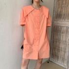 Plain Short-sleeve Collared Dress Tangerine - One Size