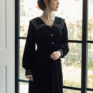 Long-sleeve Wide-collar Midi A-line Velvet Dress