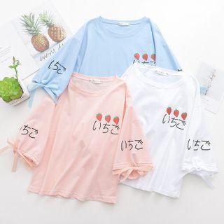 Elbow-sleeve Bow Printed T-shirt