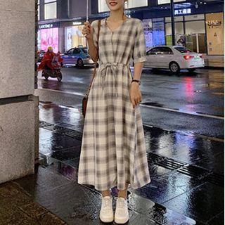Elbow-sleeve Plaid Tie-waist Midi A-line Dress