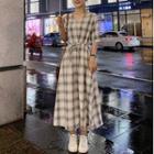 Elbow-sleeve Plaid Tie-waist Midi A-line Dress