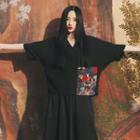 3/4-sleeve Floral Pocket Top Black - One Size