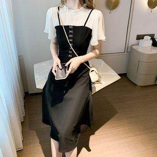 Set: Short-sleeve Chiffon Top + Strappy Midi A-line Dress