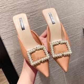Faux Pearl Buckle Pointy-toe High-heel Mules