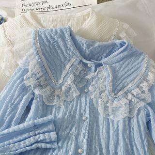 Embossed Lace-trim Peter Pan-collar Shirt