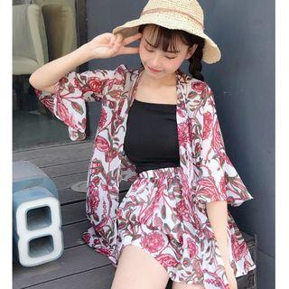 Set: Floral Print Light Jacket + Spaghetti Strap Top + Wide Leg Shorts