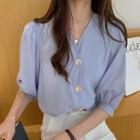 Elbow-sleeve Buttoned V-neck Blouse