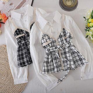 Mock Two-piece Plain Long-sleeve Shirt Panel Plaid Knit Tank Top