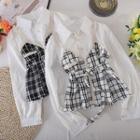 Mock Two-piece Plain Long-sleeve Shirt Panel Plaid Knit Tank Top