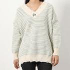 Star Embroidered Striped Distressed Sweater
