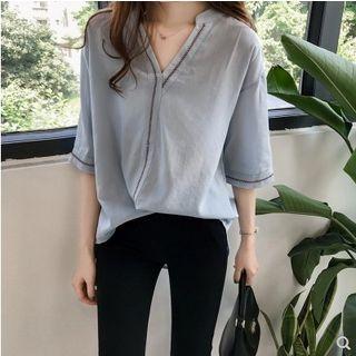 Elbow-sleeve Embroidered Chiffon Blouse