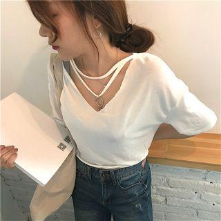 Plain Loose-fit Cutout V-neck Short Sleeve T-shirt