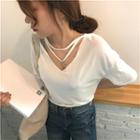 Plain Loose-fit Cutout V-neck Short Sleeve T-shirt