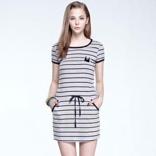 Drawcord-waist Striped Dress