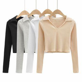 Long-sleeve Open-collar Cropped Knit Top