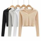 Long-sleeve Open-collar Cropped Knit Top