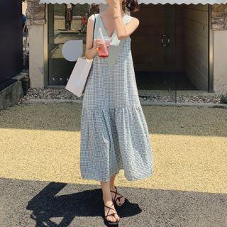 Sleeveless Cutout-back Check Midi A-line Dress