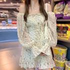 Flared-cuff Square Neck Ruffle Trim Lace-up Floral Mini Dress