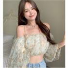 3/4-sleeve Floral Chiffon Off-shoulder Crop Top Floral - Yellow - One Size